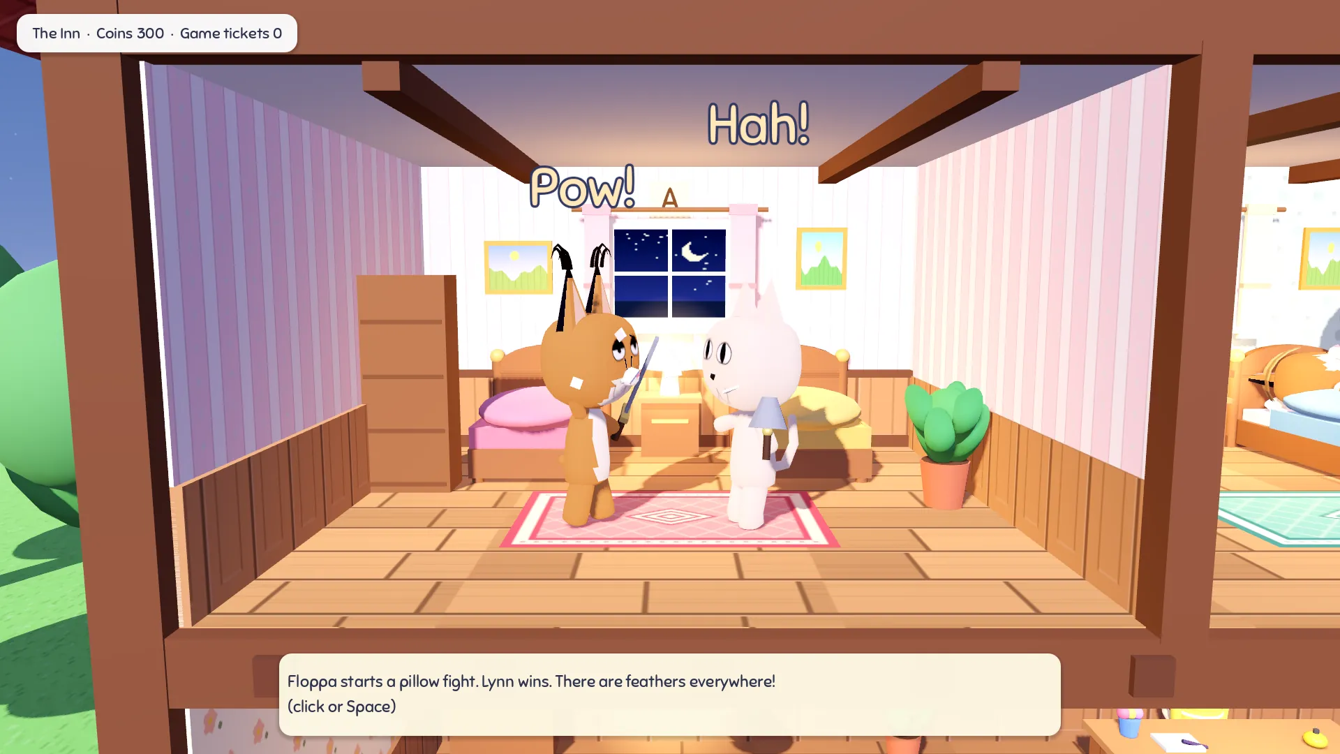 A bedroom at night with a moonlit window: a caracal and a white cat swing pillows at each other as feathers fly, with the words Pow! and Hah! above them