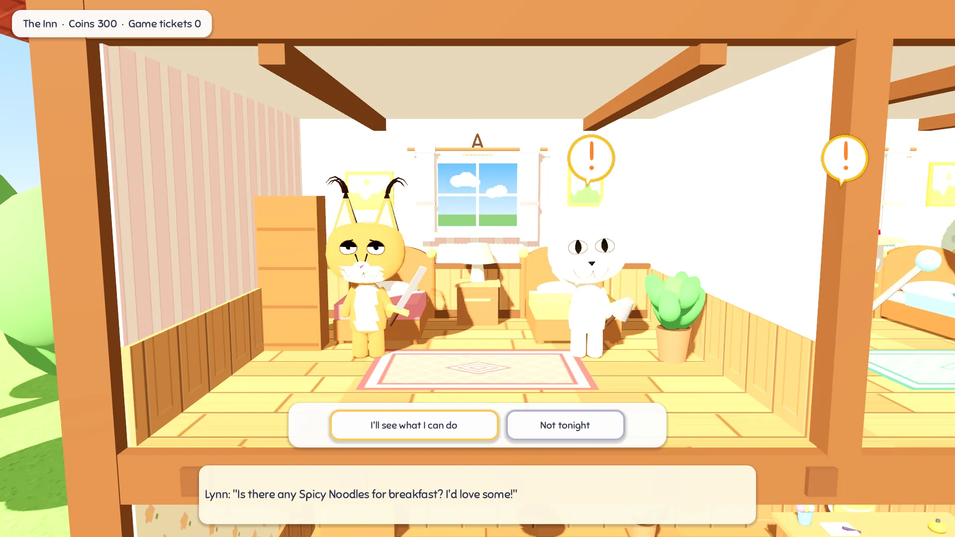 Close-up of a bedroom with striped wallpaper: a white cat waves under an orange exclamation-mark bubble while a caracal stands by the bed, with the buttons I'll see what I can do and Not tonight