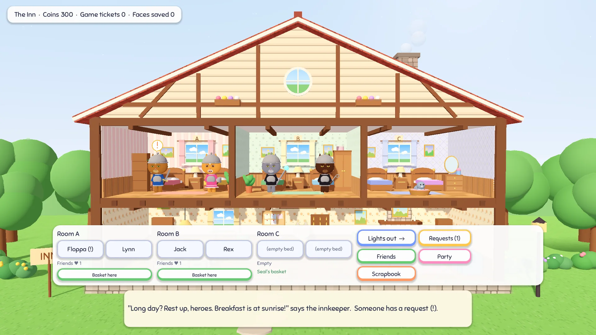The inn by day as a doll's house: three bedrooms with the four heroes in them, and the room panel to pick who shares a room