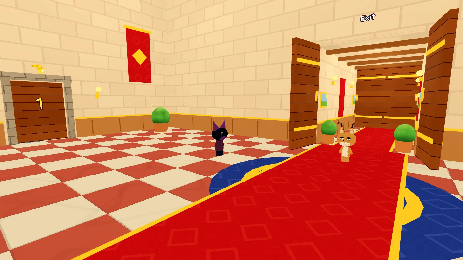 The palace lobby: a patterned red carpet with gold edges over a checkered marble floor, wood panelling with a gold rail, wall lamps, a banner, potted plants, a stone-framed door marked 1, and Hazel the Hint Keeper near Floppa
