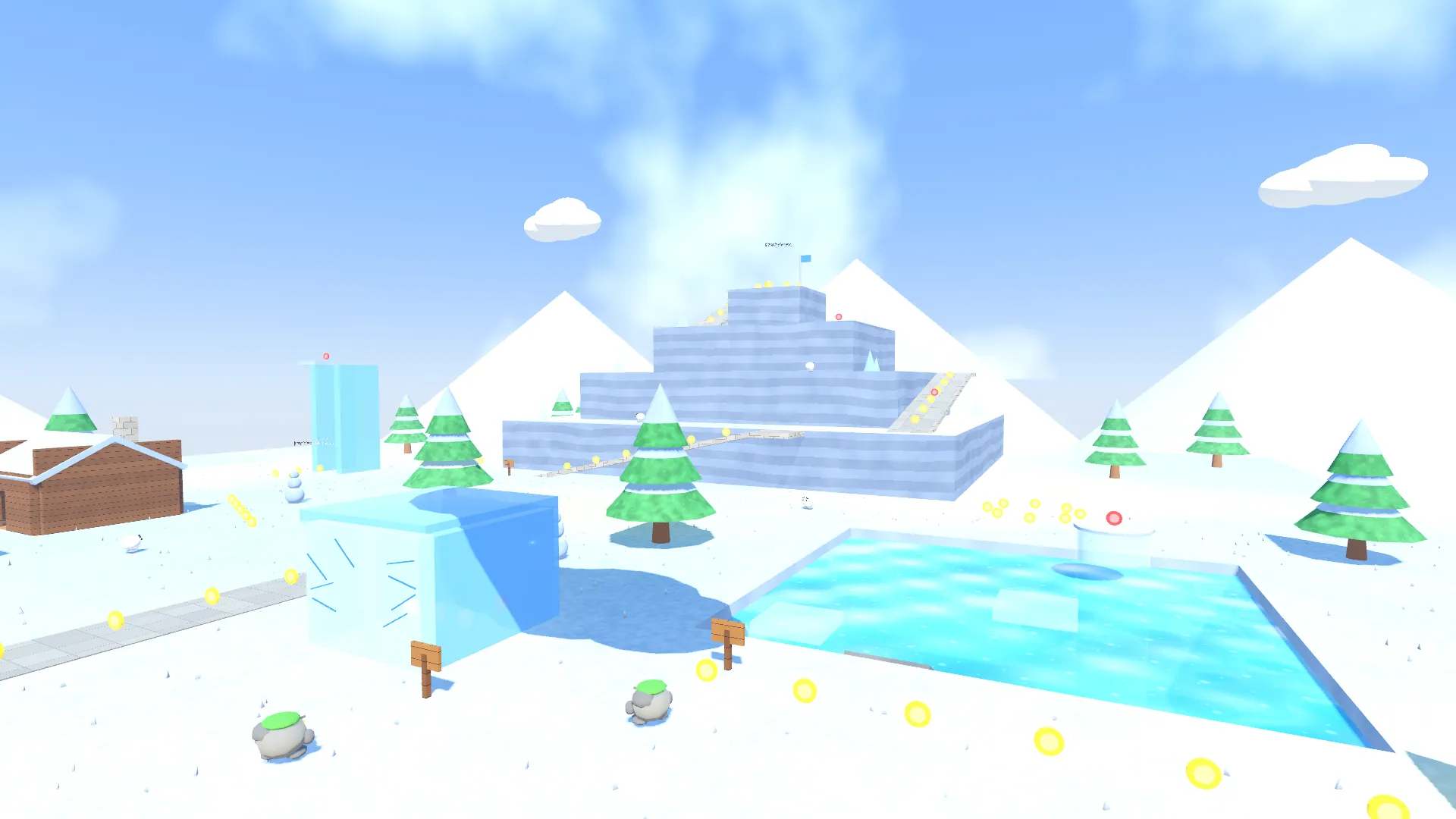 A snowy valley with a terraced ice mountain, snowy pine trees, a frozen lake, an ice block vault and a wooden lodge under a blue sky with clouds
