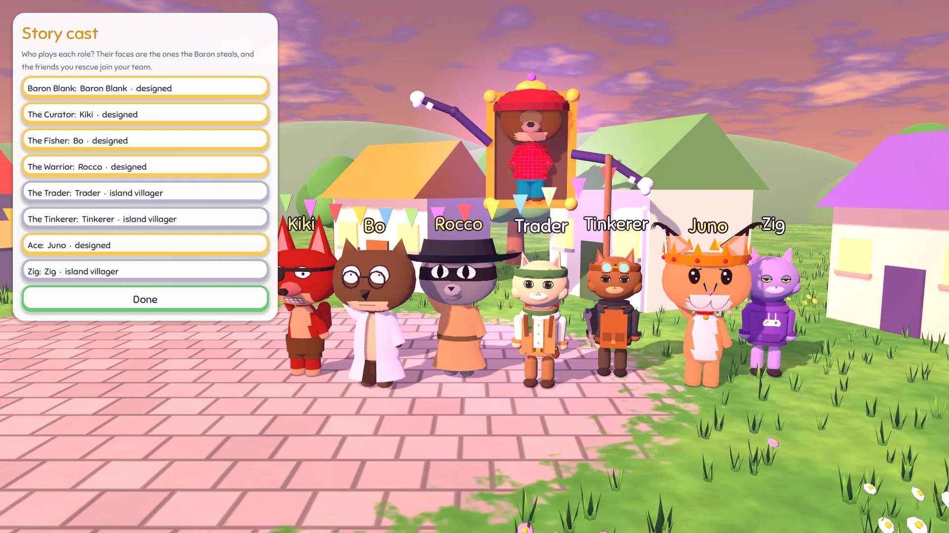 The Story cast screen: a list of roles on the left, and on a village square seven characters in a row with their names above them, Baron Blank's gold frame behind them with a designed character inside