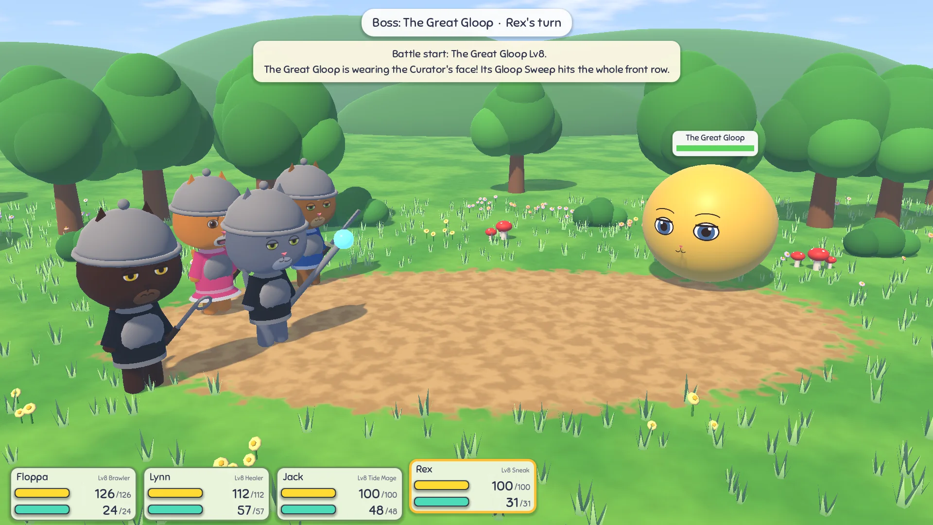 A meadow battle: four heroes in helmets face the Great Gloop, a big yellow slime wearing the Curator's face