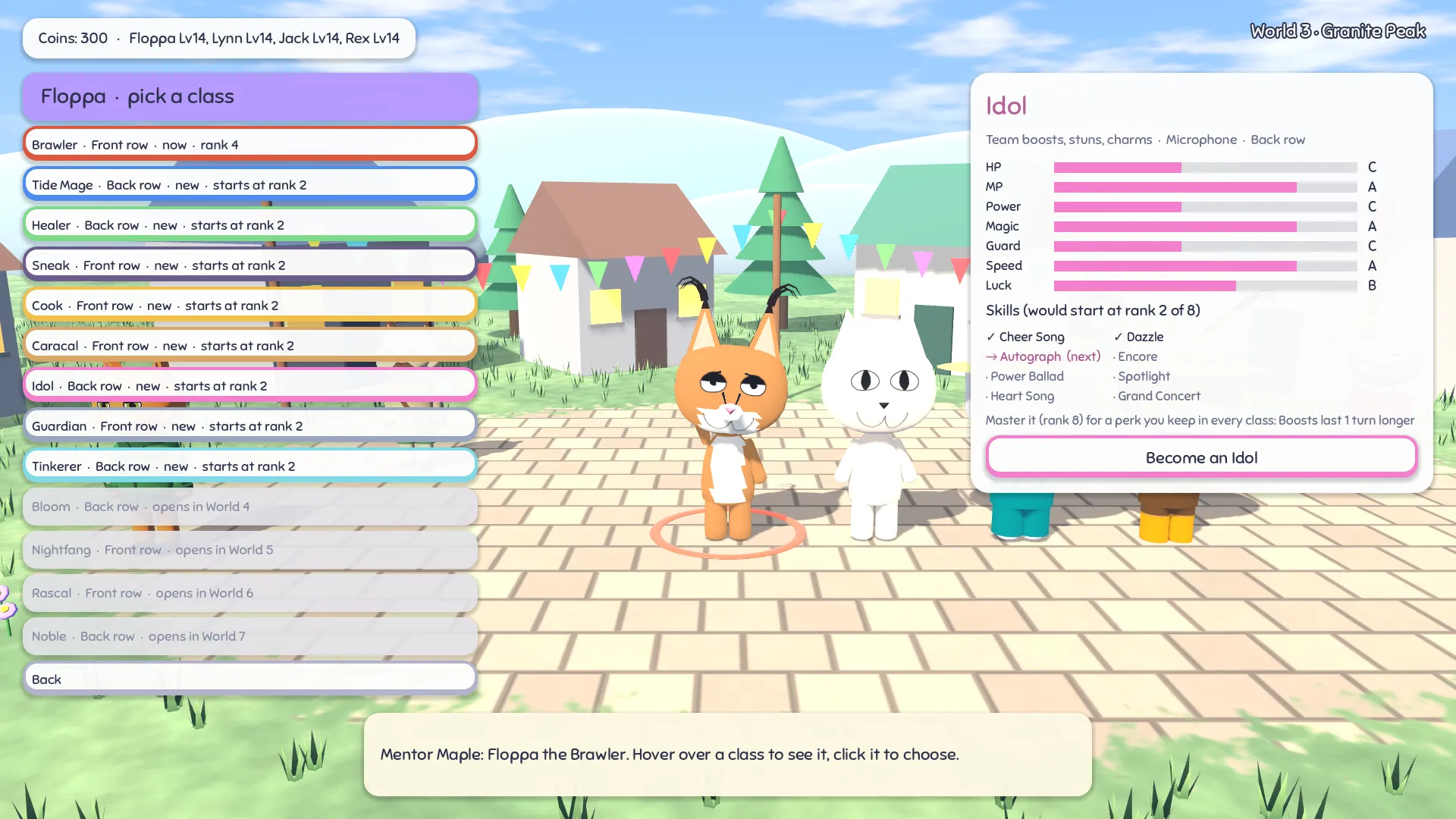 The Class Hall in a town: a list of classes with their ranks on the left, the hero in the plaza, and a card with the Idol class's stats, skills and a Become an Idol button