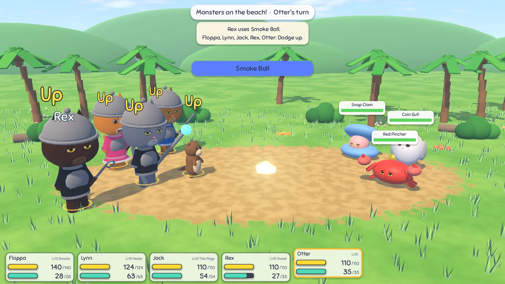 A beach battle: the team of four and a small otter face a clam, a gull and a crab while Up boosts pop over the heroes