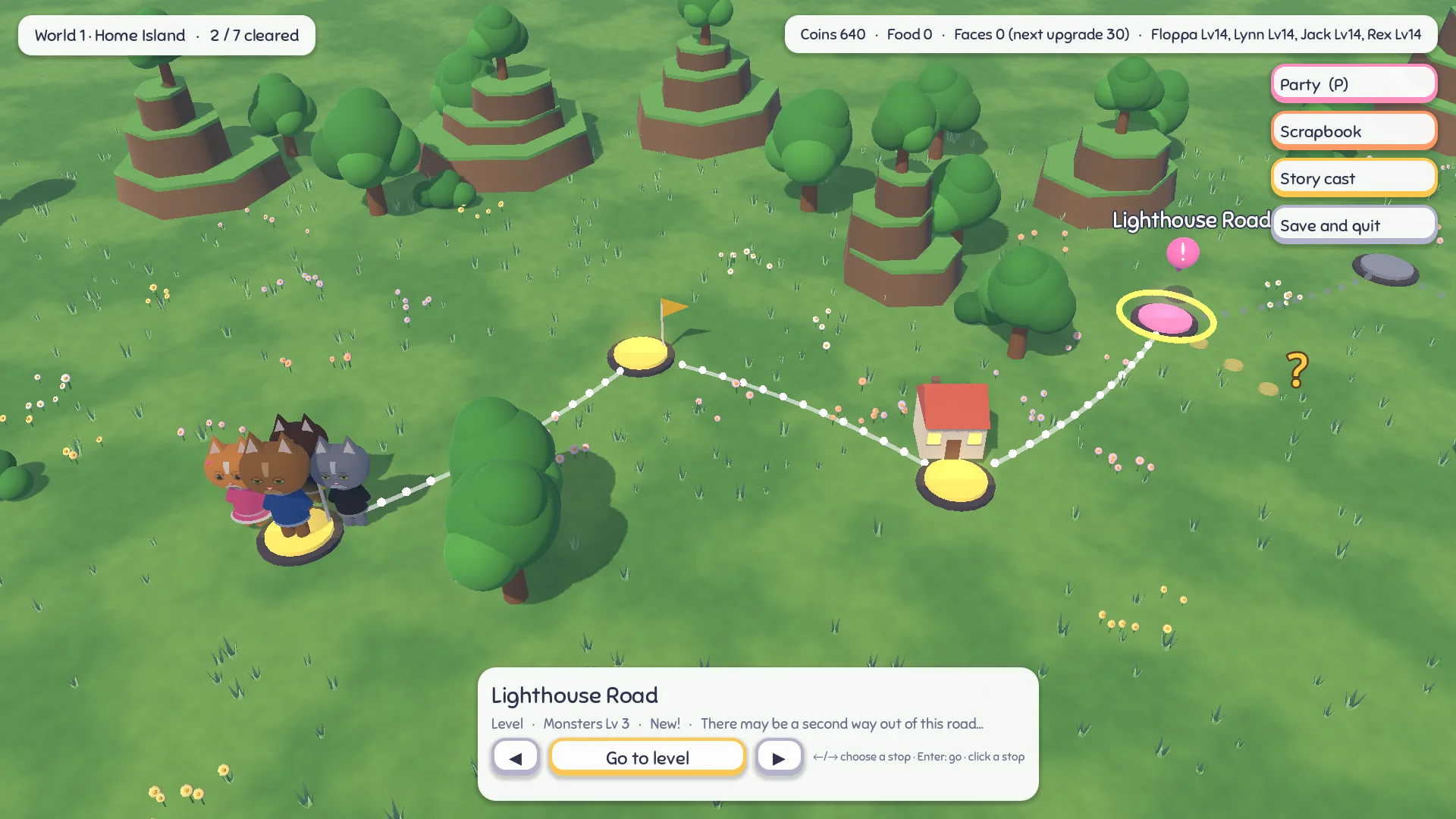 The Home Island world map: green fields, glowing stops joined by dotted paths, a yellow flag on cleared stops, a pink stop with a ! for the next road and the team standing on a stop