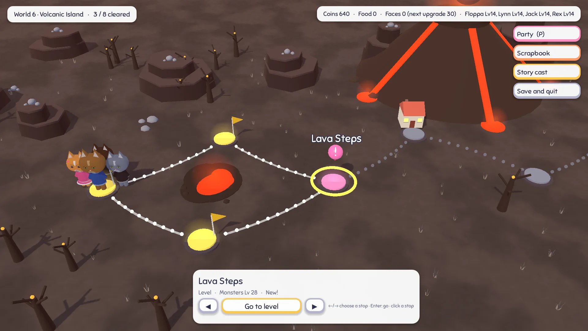 The Volcanic Island world map: dark ground, a volcano with glowing lava streams, glowing stops joined by dotted paths and the team on a cleared stop