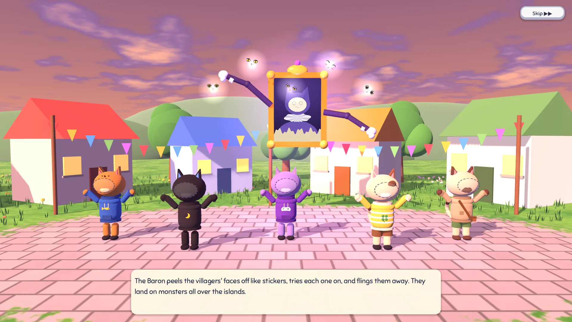 A village square at dusk: a portrait with a blank face floats in a gold frame with long arms, holding up stolen faces over five faceless villagers