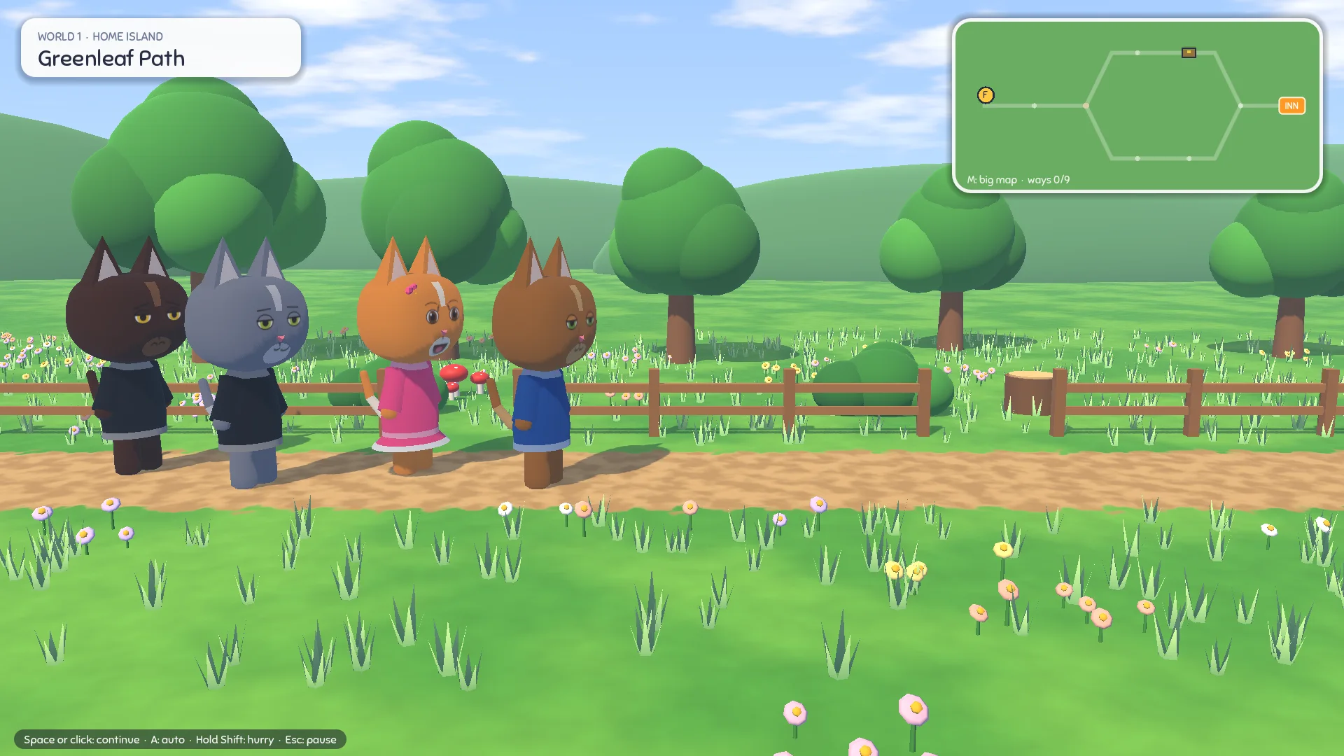 Four heroes walk a dirt path along a wooden fence through a flowery meadow, with the road map in the corner
