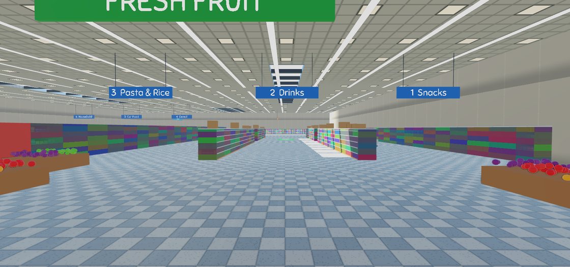 Racing down a FloppaMart supermarket aisle