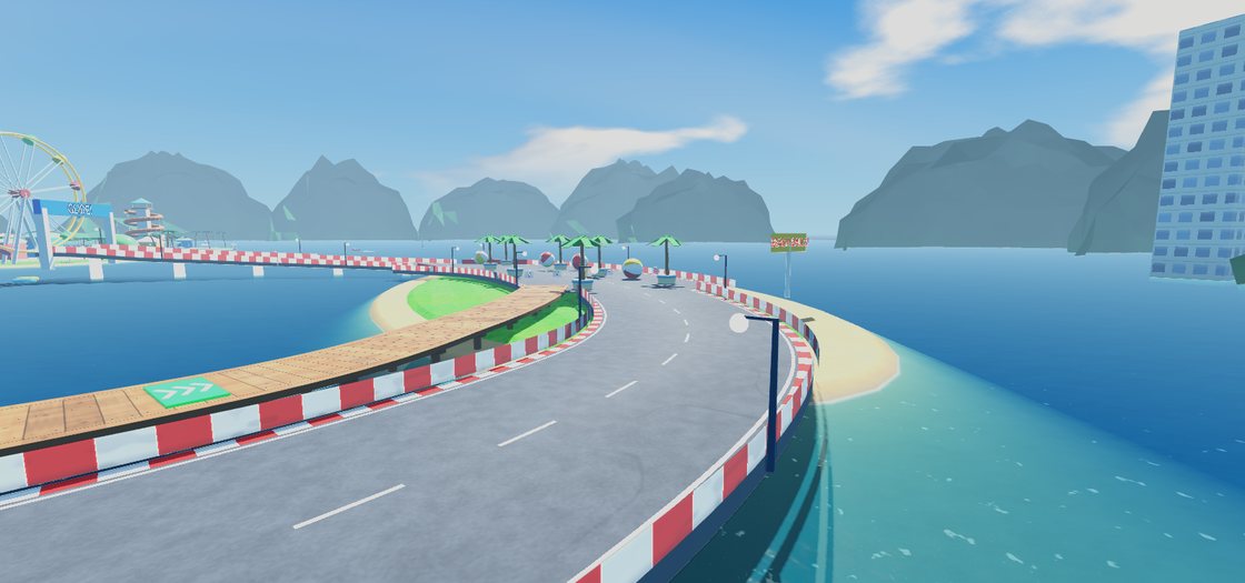 Beach run with palm planters and beach balls