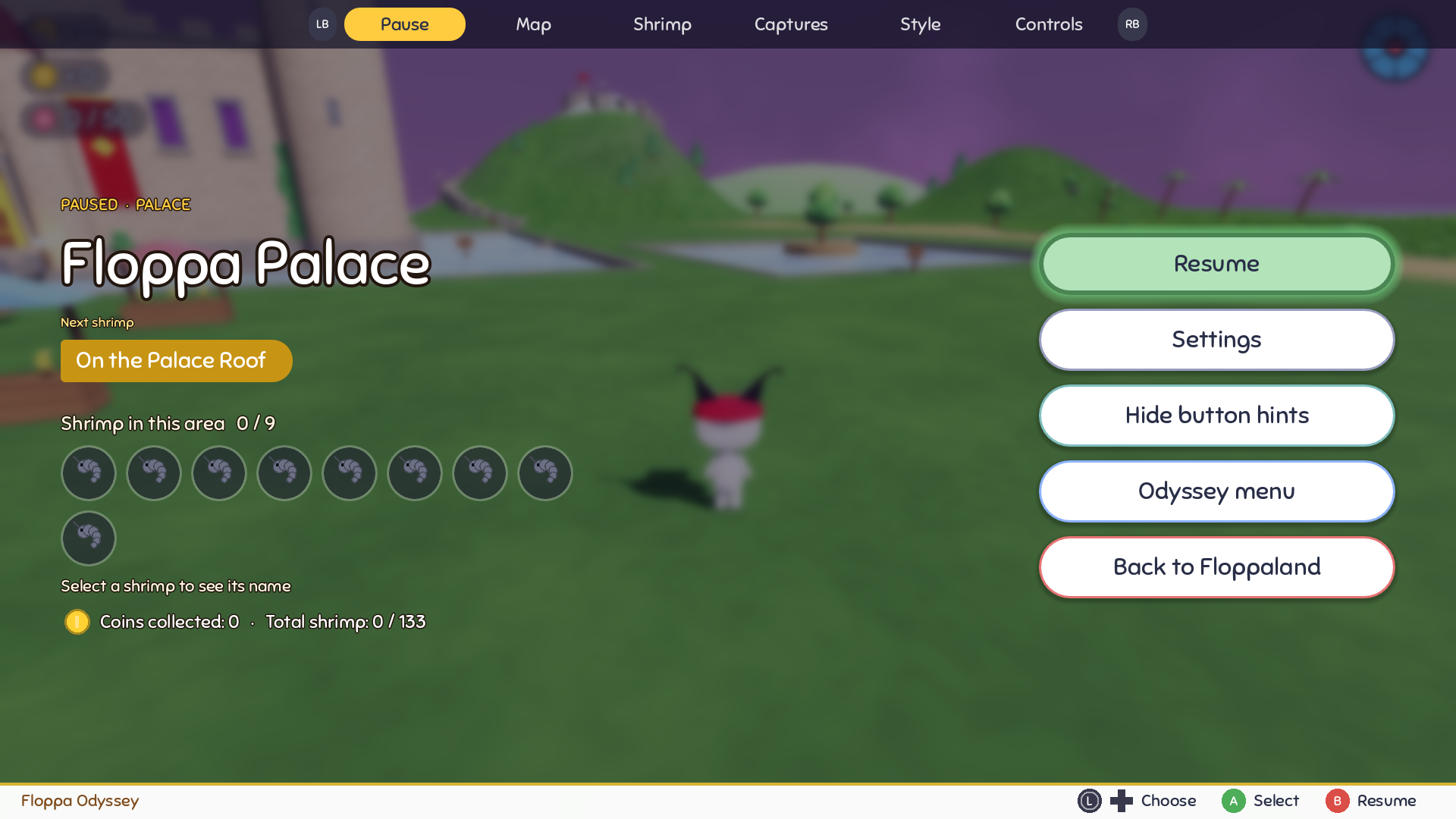 The pause menu with the new Hide button hints button and controller prompts