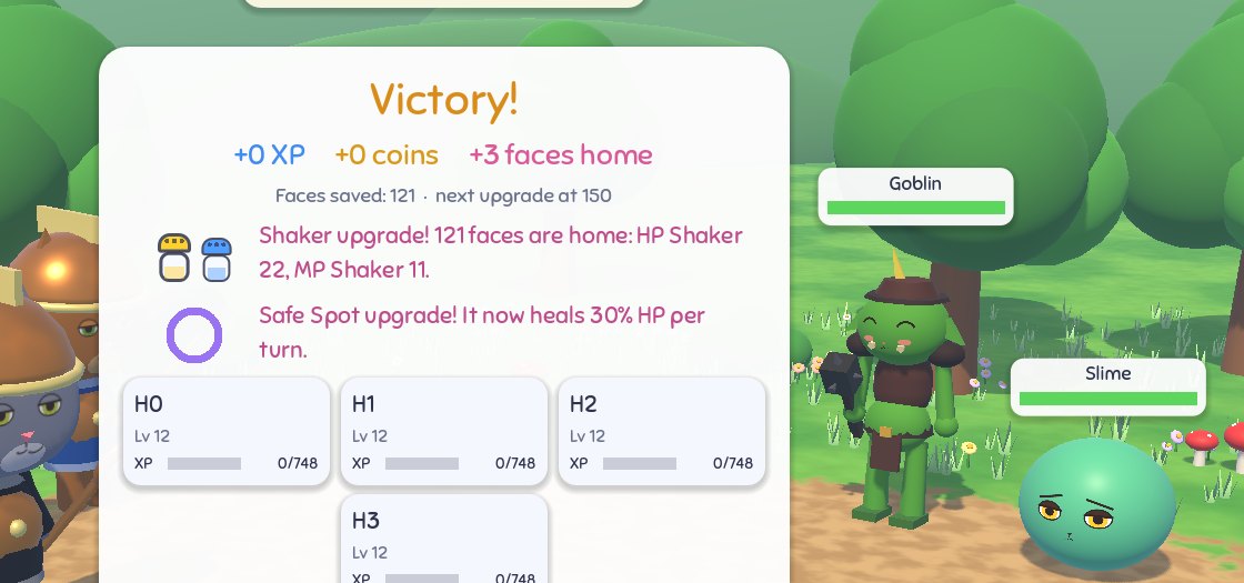 The win screen with faces sent home and a shaker upgrade