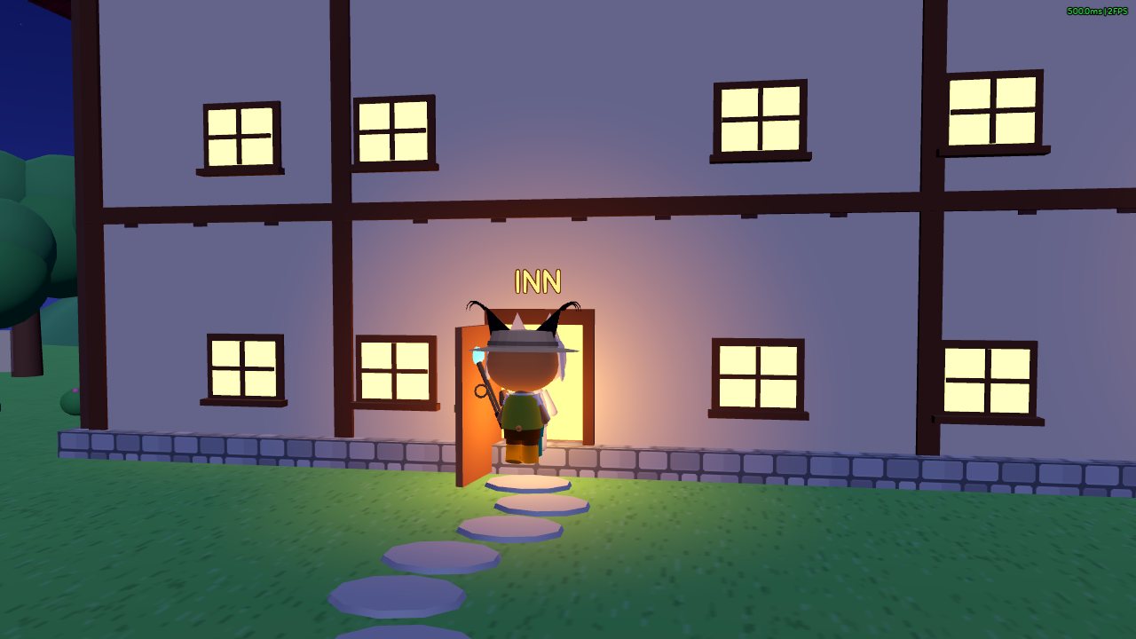 The team walks into the inn through the glowing front door at night