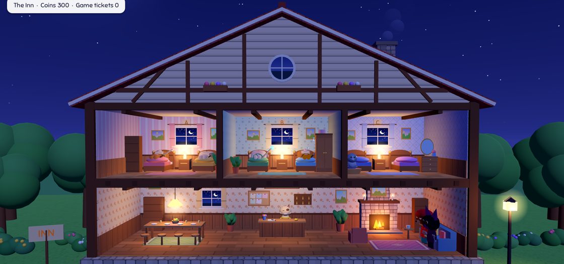 The new Floppatopia inn at night, cut open like a doll's house