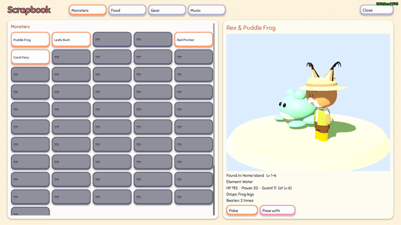 The Scrapbook's monster page with a hero posing next to a frog